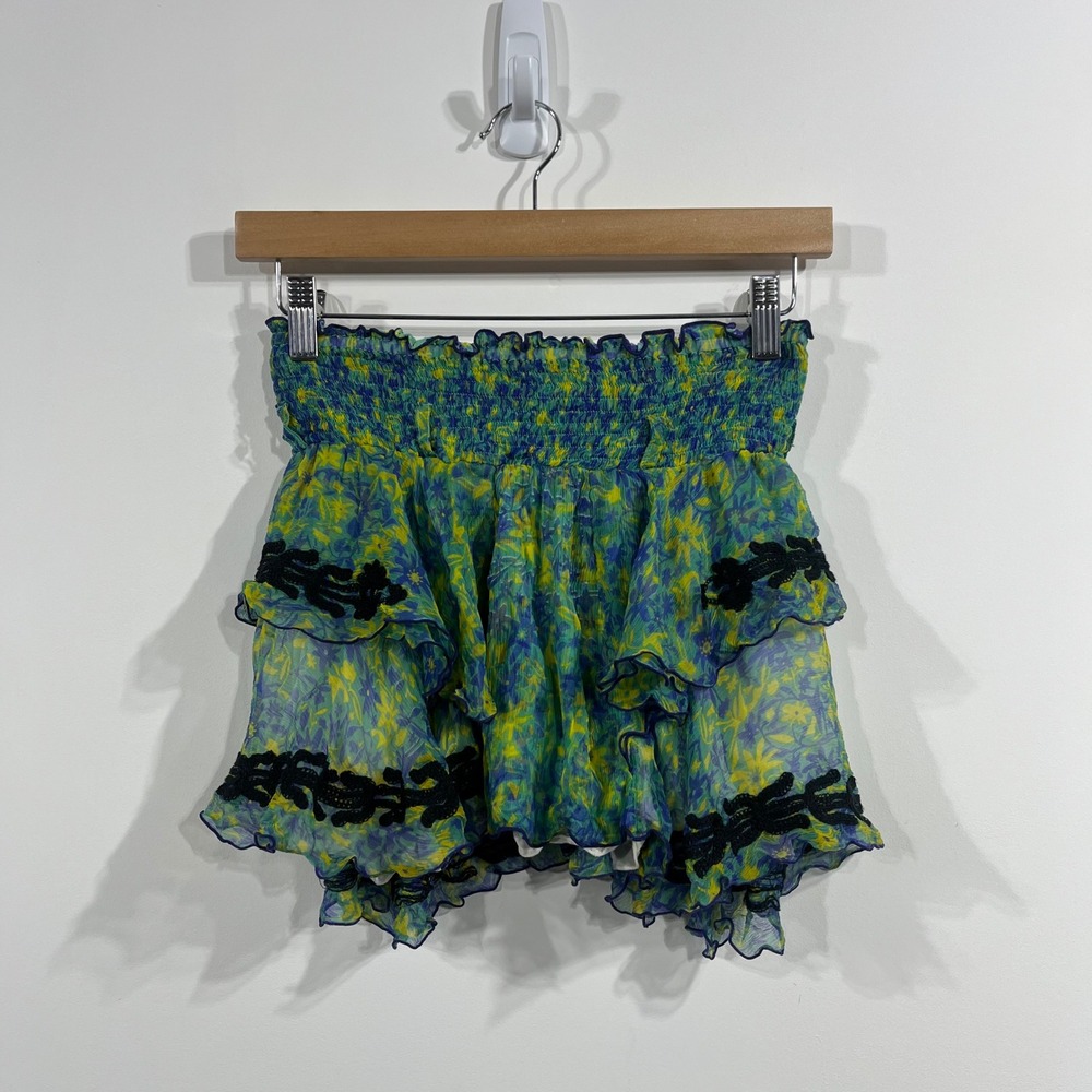 Poupette St Barth Silk Blend Floral Tiered Smocked Mini Skirt Size 0 Lettuce Hem